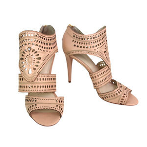 AERIN BEIGE REAL LEATHER HIGH HEEL OPEN TOE ZIP BACKSIDE SLINGBACK SHOES Sz 8.5